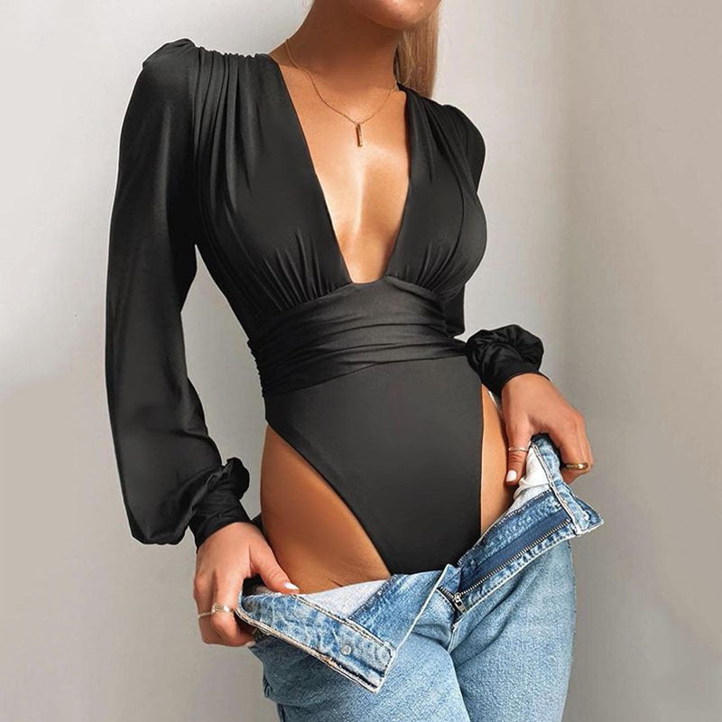 Deep V Pleated Long Sleeve Jumpsuit