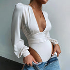 Deep V Pleated Long Sleeve Jumpsuit