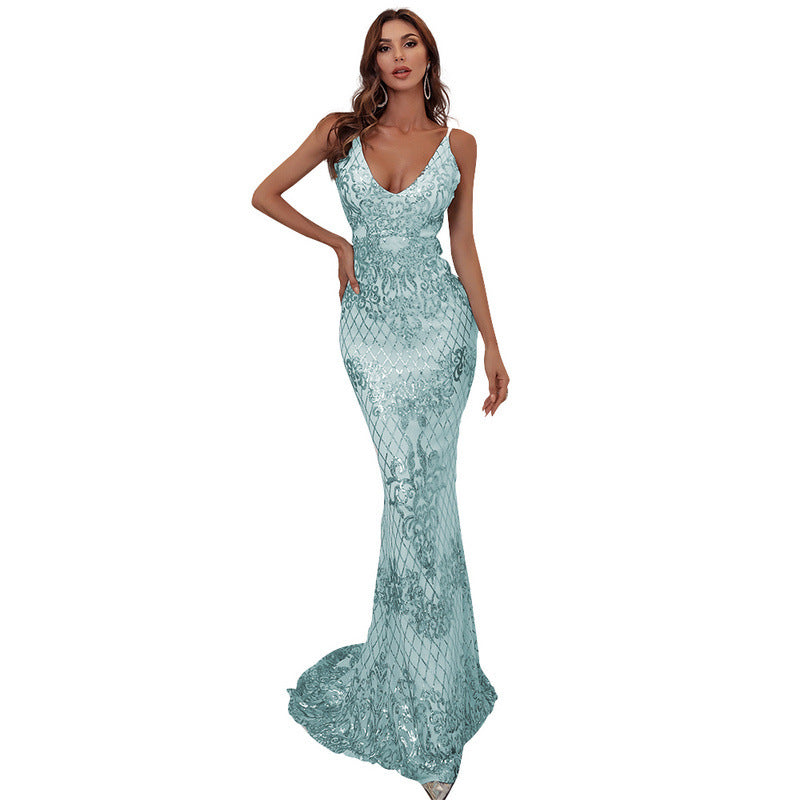 Women's Sequined Geometric Abstract Pattern Strap Prom Dress