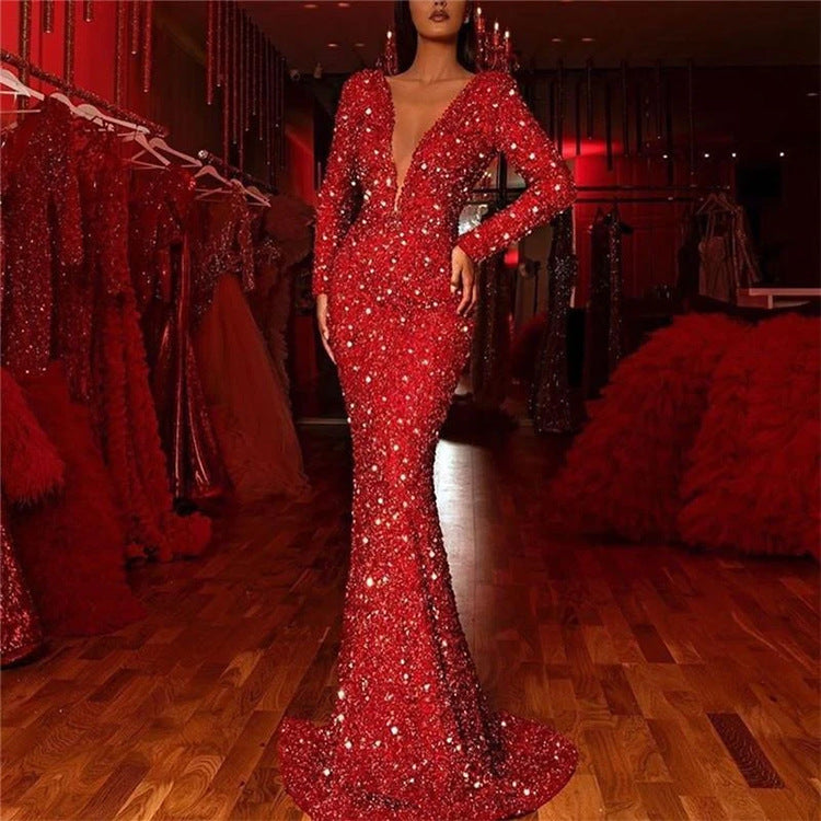 Red Sequin Lace V-Neck Long-Sleeve Bodycon Maxi Dress