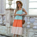 Bohemian Cool Contrast Color Pleated New Sling Midi Casual Dress