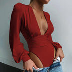Deep V Pleated Long Sleeve Jumpsuit