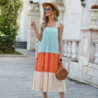Bohemian Cool Contrast Color Pleated New Sling Midi Casual Dress