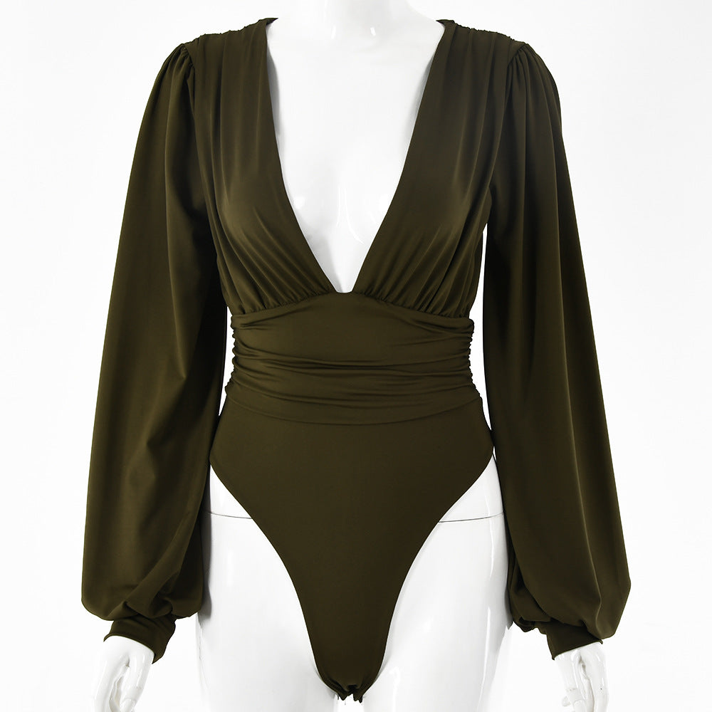 Deep V Pleated Long Sleeve Jumpsuit