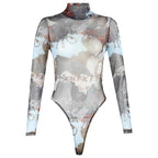 Sheer Mesh Graphic Bodysuit for Women