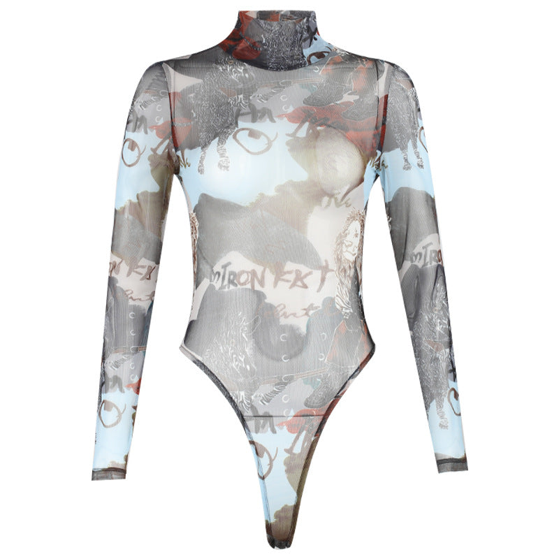 Sheer Mesh Graphic Bodysuit for Women