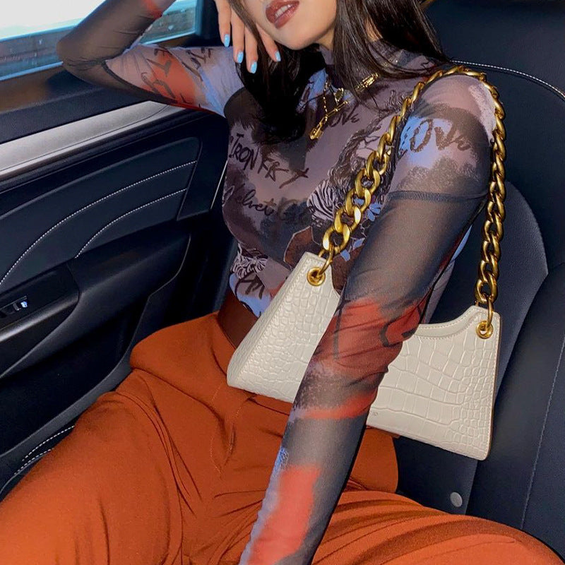 Sheer Mesh Graphic Bodysuit for Women