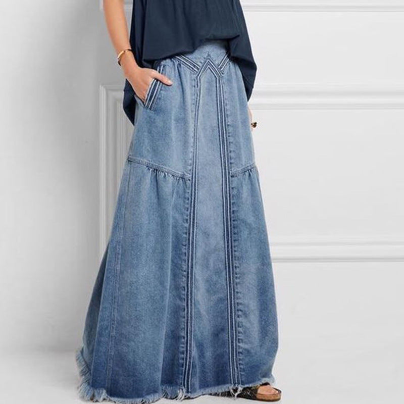 Pring Summer Denim A Binding Tape Brushed Elastic High Skirt