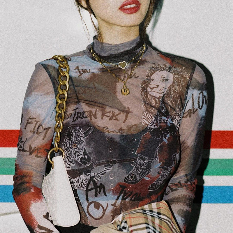 Sheer Mesh Graphic Bodysuit for Women