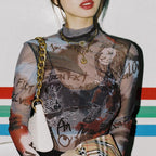 Sheer Mesh Graphic Bodysuit for Women