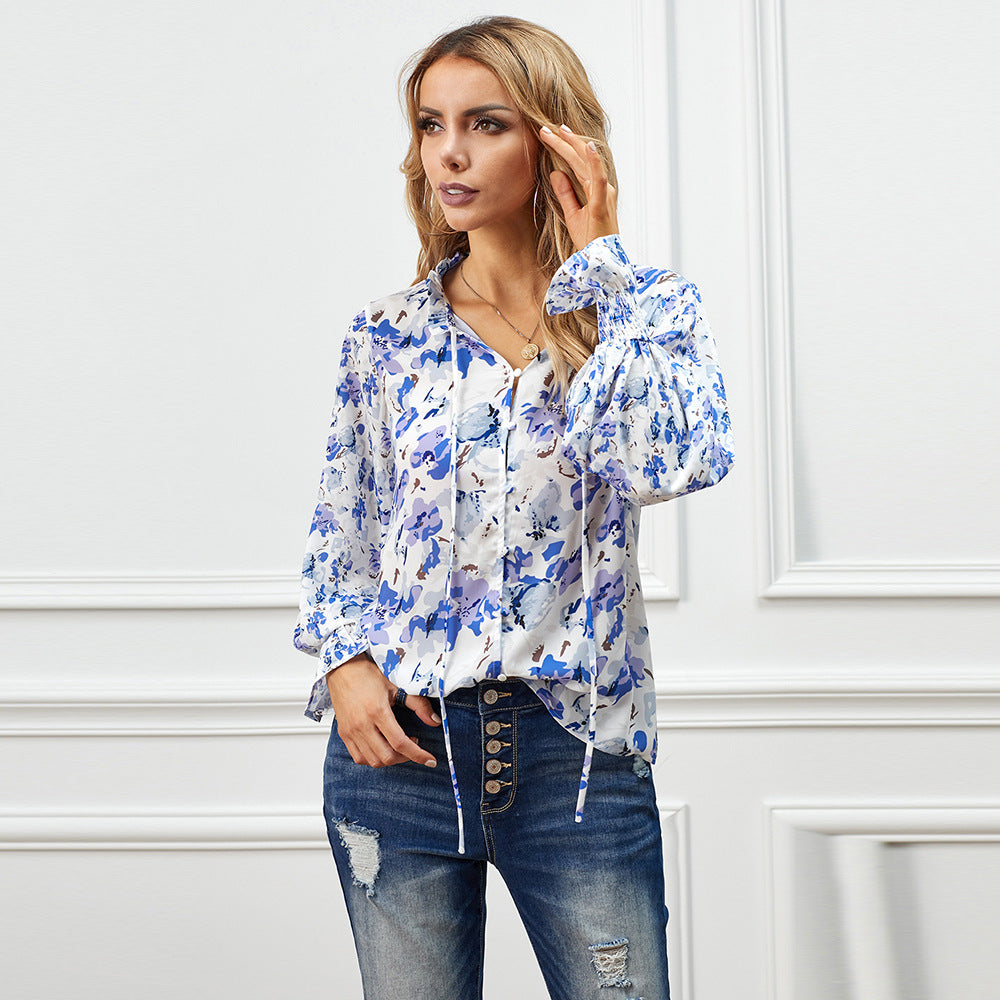 Women's Floral V-Neck Cardigan Shirt – Loose Long-Sleeve Top
