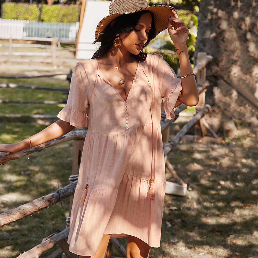Loose Mid Waist Casual Dress PointSleeve Short V-neck
