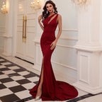 Wine Red Annual Meeting Dress Spring Sleeveless One-Shoulder Solid Color Small Tai
