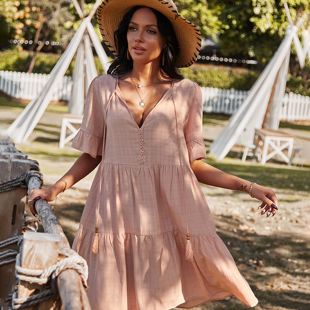 Loose Mid Waist Casual Dress PointSleeve Short V-neck