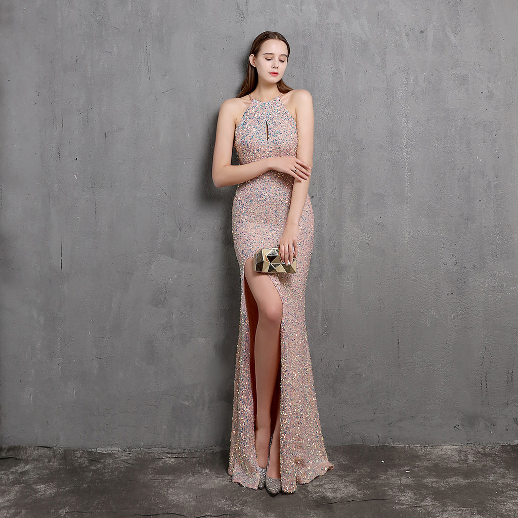 Women's Heavy Colorful Sequin Party Evening Dress Long Slim Fit