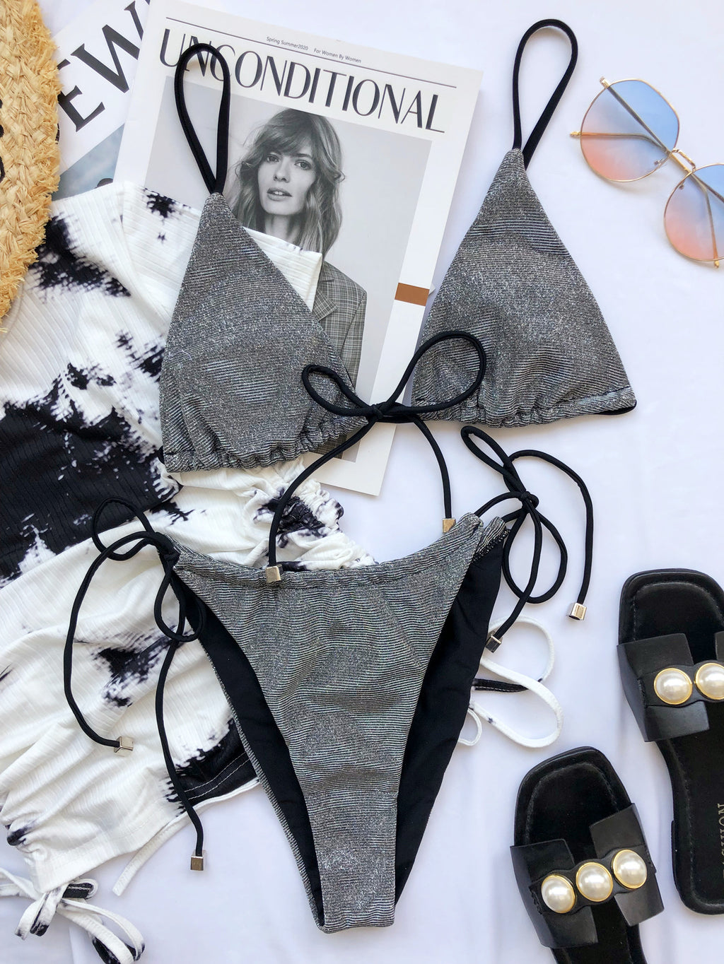 Silver-gray glitter triangle bikini set with black string ties and cheeky bottoms