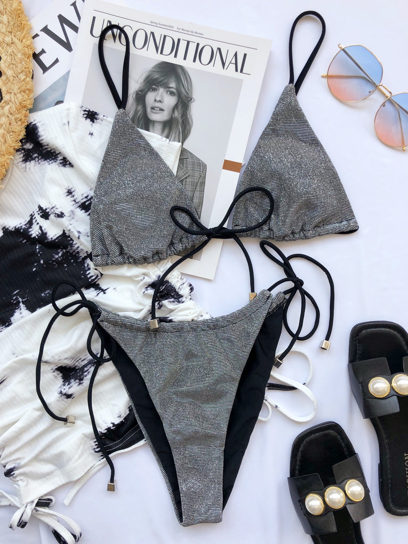 Silver-gray glitter triangle bikini set with black string ties and cheeky bottoms