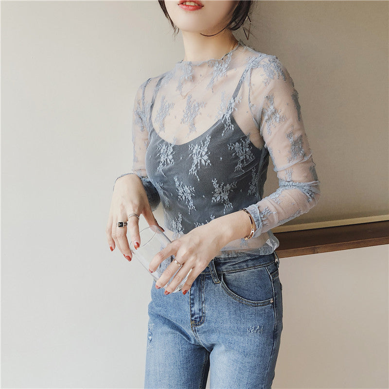 Women’s Black Sheer Lace Mock Neck Long Sleeve Top