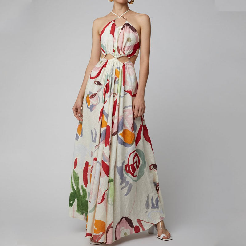 Spring Summer Slim Fit Large Swing Sling Stitching Printing Dress