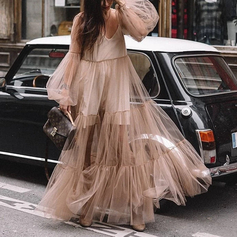 Women's V-Neck Mesh Ruched Long-Sleeve Maxi Dress