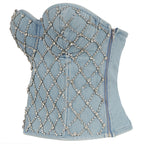 's Diamond Beaded Denim Tube Top Strapless Vest Lace Up Shaping