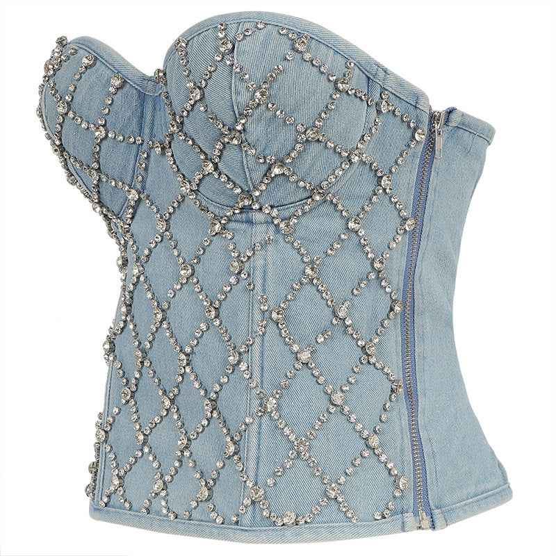 's Diamond Beaded Denim Tube Top Strapless Vest Lace Up Shaping