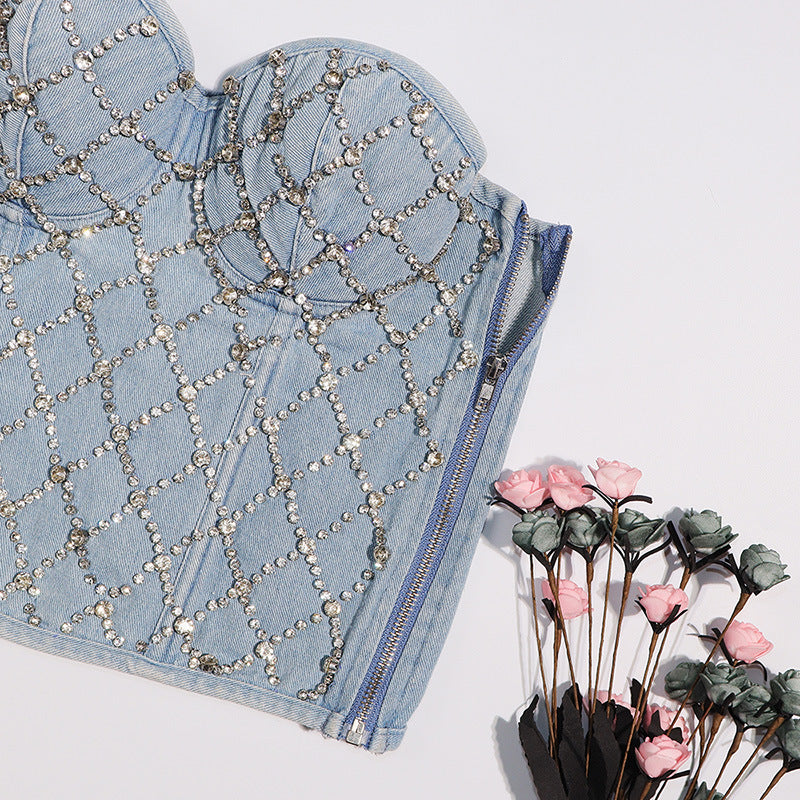 's Diamond Beaded Denim Tube Top Strapless Vest Lace Up Shaping