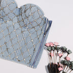 's Diamond Beaded Denim Tube Top Strapless Vest Lace Up Shaping