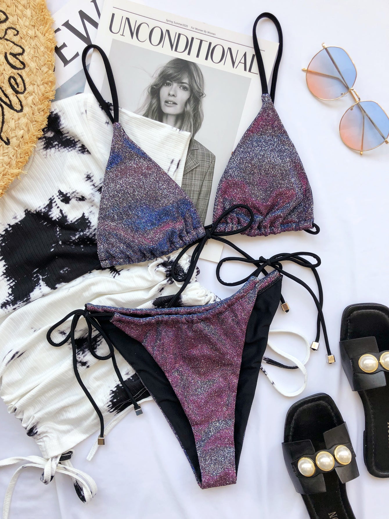 Glitter triangle bikini set with black string ties and matching cheeky bottoms