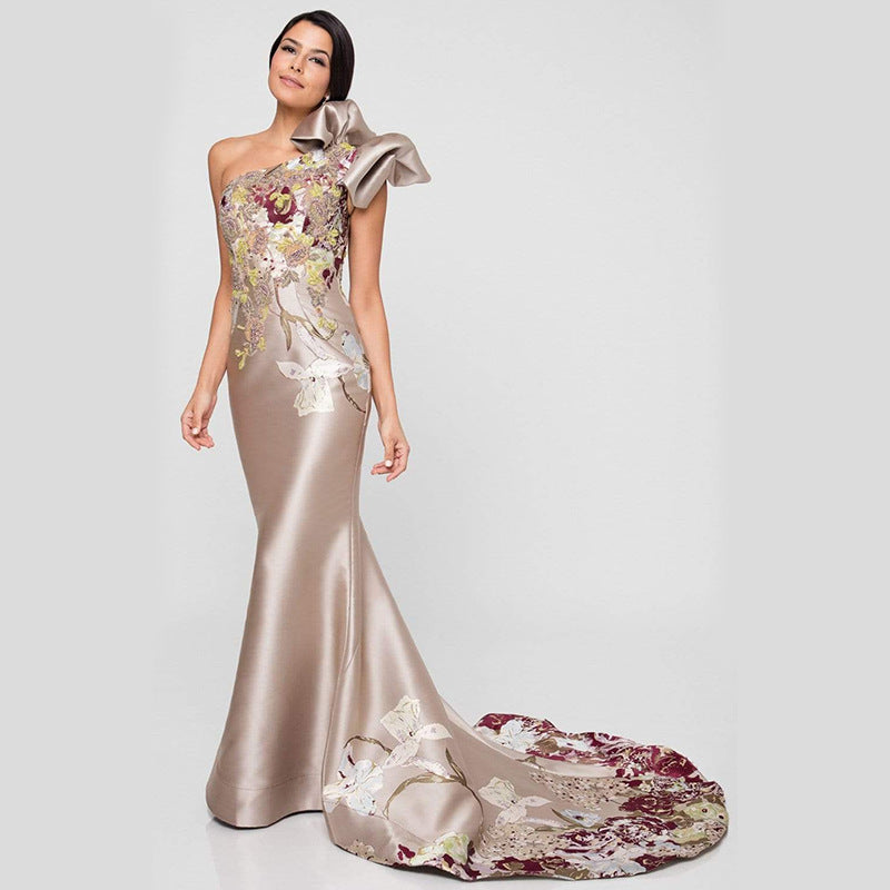 Floral One-Shoulder Ruched Asymmetric High-Low Bodycon Dress