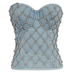's Diamond Beaded Denim Tube Top Strapless Vest Lace Up Shaping