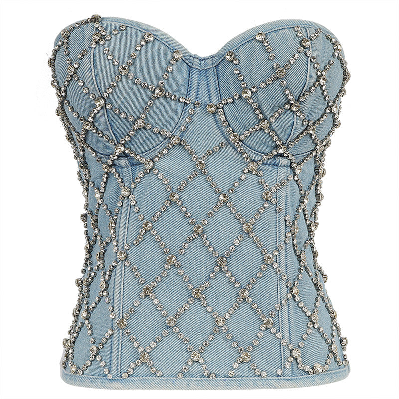 's Diamond Beaded Denim Tube Top Strapless Vest Lace Up Shaping