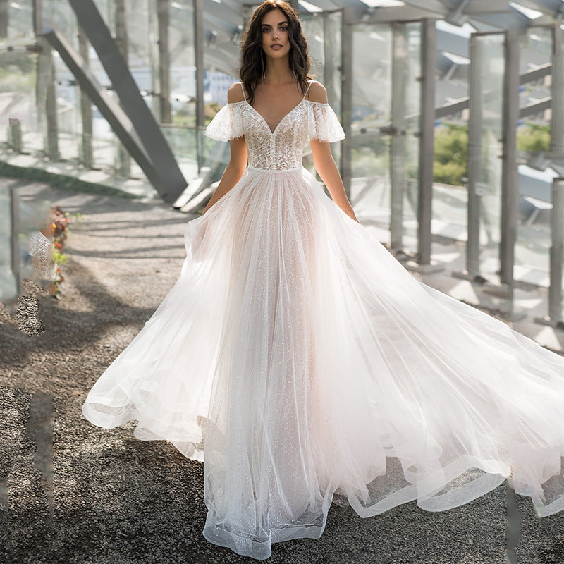 Lace V-Neck Cutout Short-Sleeve A-Line Maxi Dress