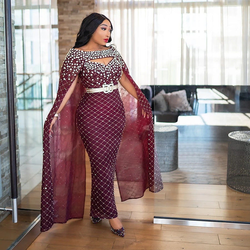 Rhinestone Cutout Long-Sleeve Bodycon Maxi Dress