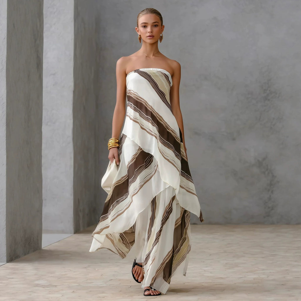 Striped off-shoulder linen maxi dress