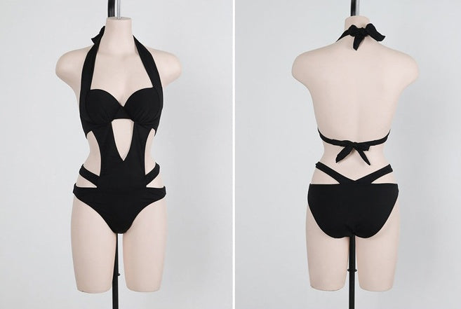 Black halter one-piece swimsuit front and back cutout design on mannequin