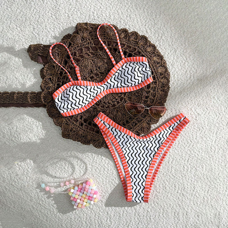 Women's white orange chevron bandeau bikini set