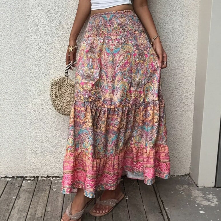 Printed ruffle pleated elastic-waist maxi skirt
