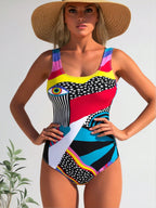 Multicolor abstract one-piece swimsuit with scoop neck and high-cut legs