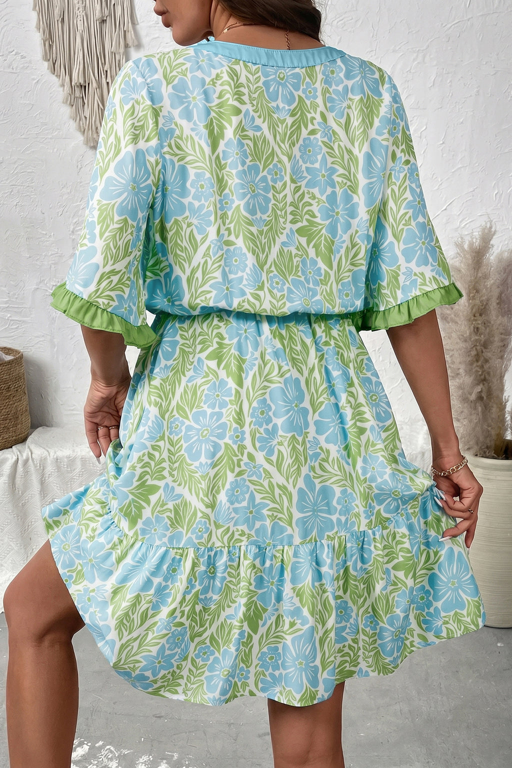 Sky Blue Floral Ruffle High-Waist Mini Dress
