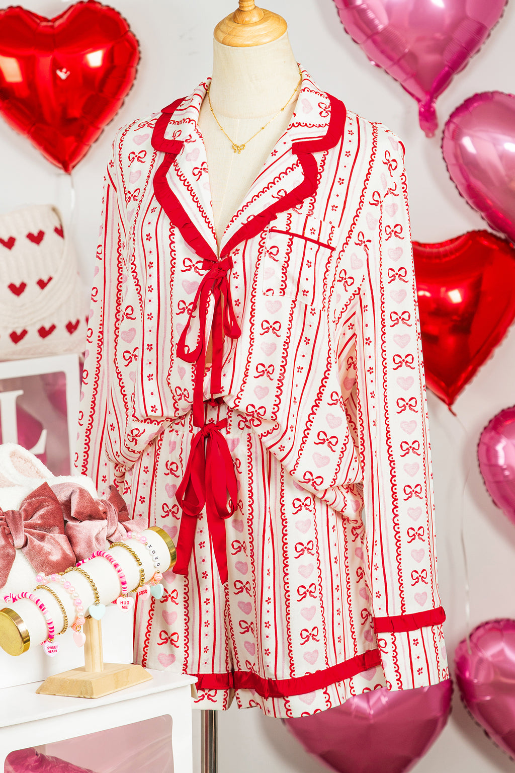 Red Floral Heart Bow Pajama Set