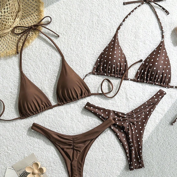 Women's brown polka dot four-piece bikini set