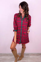 Red Plaid Ruffle-Cuff Button-Front Mini Dress