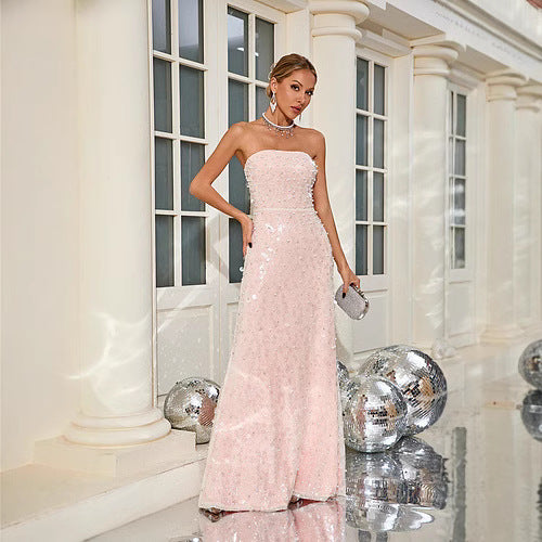 Sequin tube-top cinched-waist dress