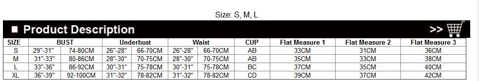 Swimwear size chart table with measurements by size and cup