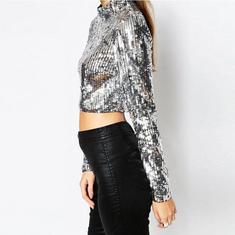 Women's Silver Sequin Cropped Stage Top