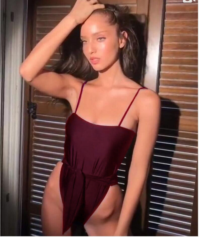 Wine red one-piece swimsuit with thin straps and ruched waist front