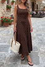 Brown Polka-Dot Square-Neck Long Dress