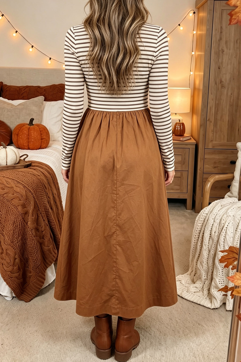 Women's Brown Stripe Ribbed Knit Flared Dress