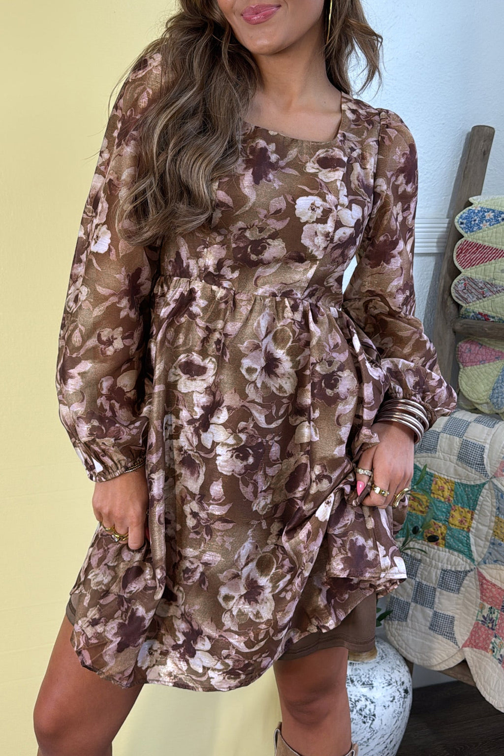 Women's Brown Abstract Floral Square-Neck Mini Dress